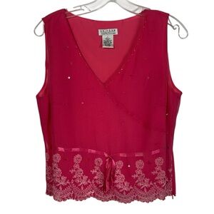 Vintage Y2K 100% Silk Beaded Bow Detail Babydoll Tank Top Small S Coquette Lace